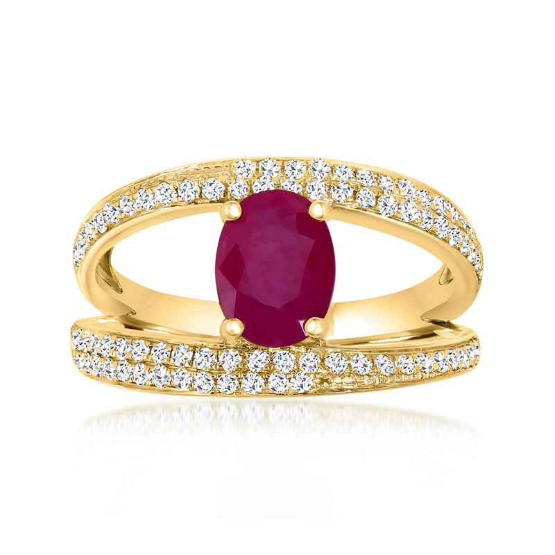 Ruby and diamond open-space ring in 14kt yellow gold