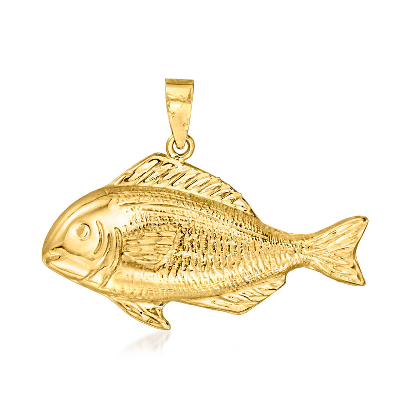 14kt yellow gold fish pendant, textured scales, loop bail