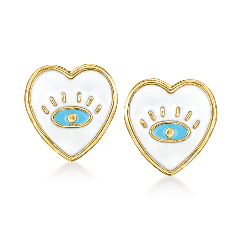Heart-shaped enamel evil eye earrings with blue eye motif in yellow gold, stud posts