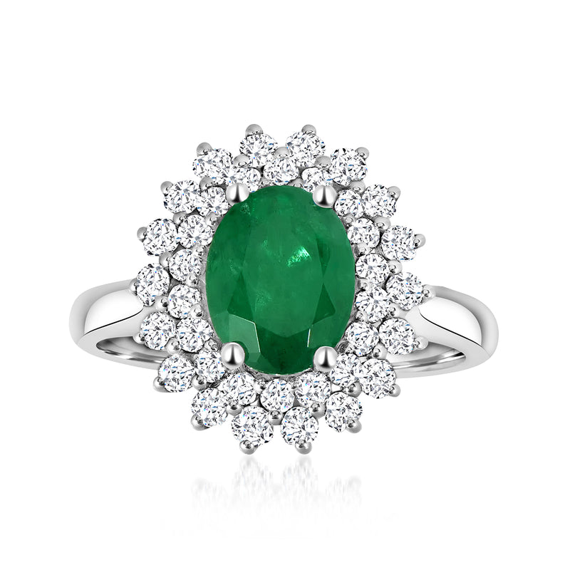 14kt white gold ring with oval green emerald center and round diamond halo