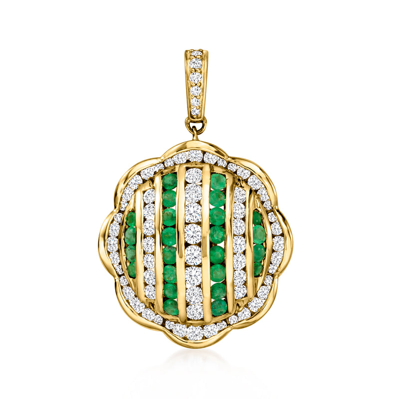 14kt yellow gold oval halo pendant with green emerald rows and white diamond border