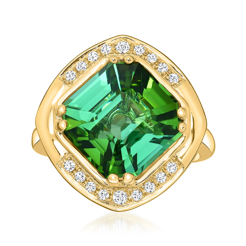 18kt yellow gold ring with emerald-cut green tourmaline and diamond halo