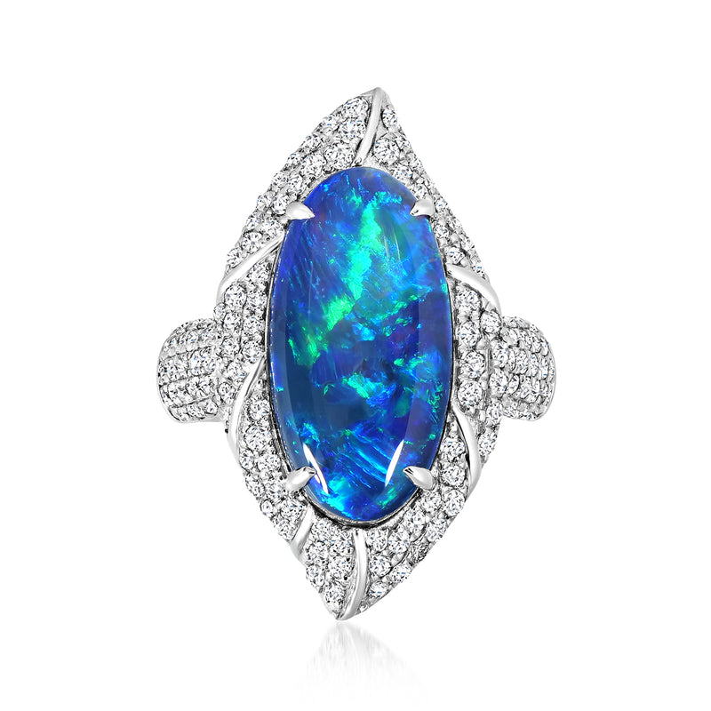 Blue-green marquise opal ring with diamond halo in 18k white gold