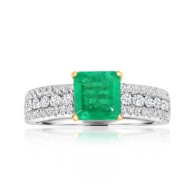 Emerald ring with diamond pavé in two-tone gold
