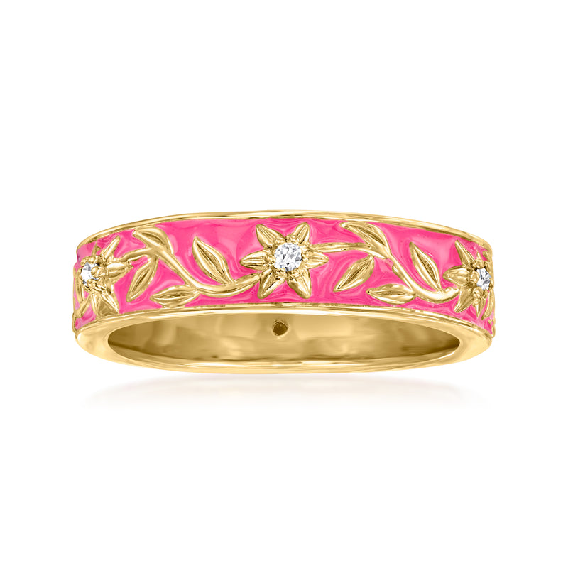 Pink enamel floral ring with gold accents and small diamond-like stones