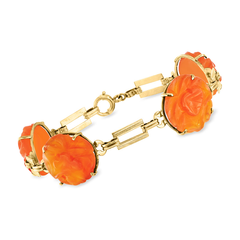 14kt yellow gold carnelian bracelet with carved orange floral cabochons