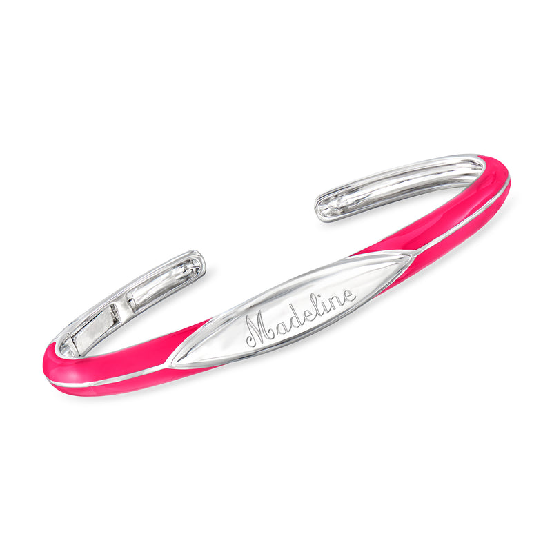 Sterling silver pink enamel personalized cuff bracelet with cursive name 'Madeline'