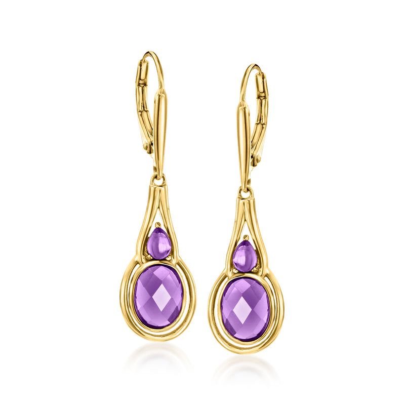 Amethyst teardrop drop earrings, yellow gold over sterling, leverback hoops