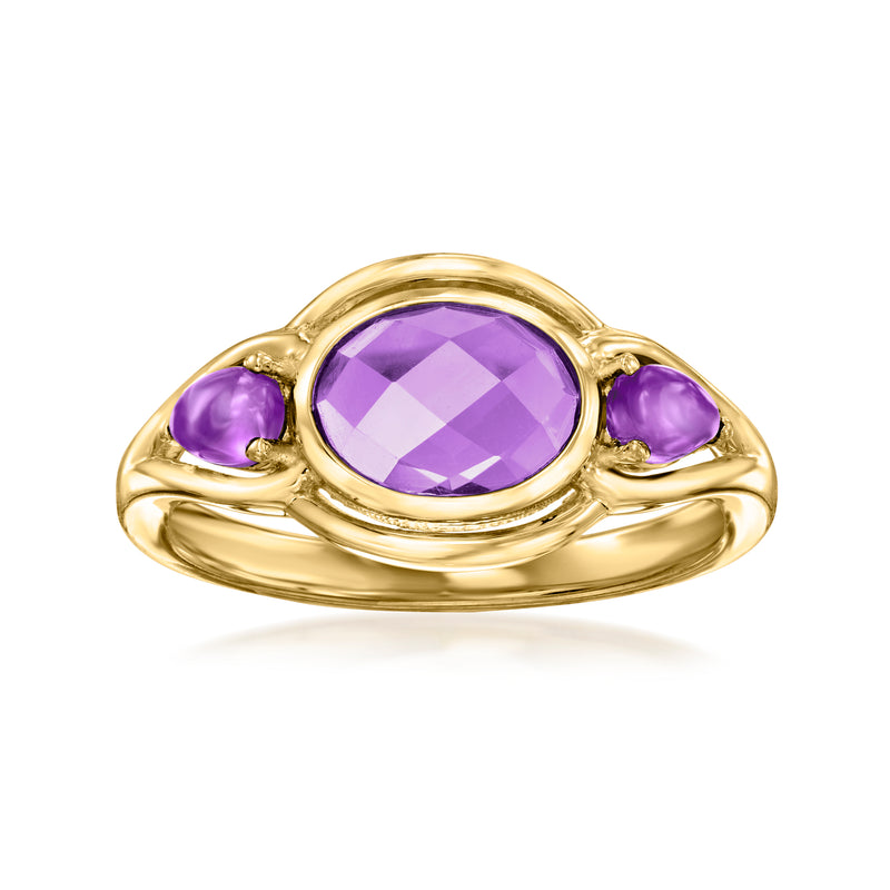 Amethyst oval gemstone ring in 18kt gold over sterling, with two purple side stones