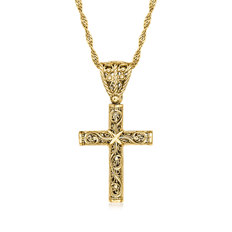 Gold over sterling cross pendant necklace with filigree cutout and textured chain