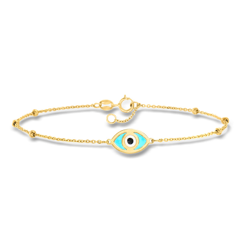14kt gold evil eye bracelet with enamel eye charm, adjustable chain and lobster clasp