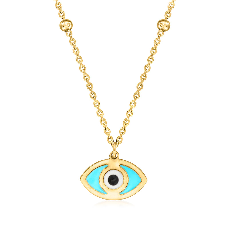 14kt yellow gold evil eye necklace with blue enamel eye pendant and gold chain