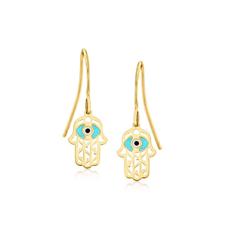 14kt yellow gold hamsa drop earrings with evil eye enamel and multicolored accents