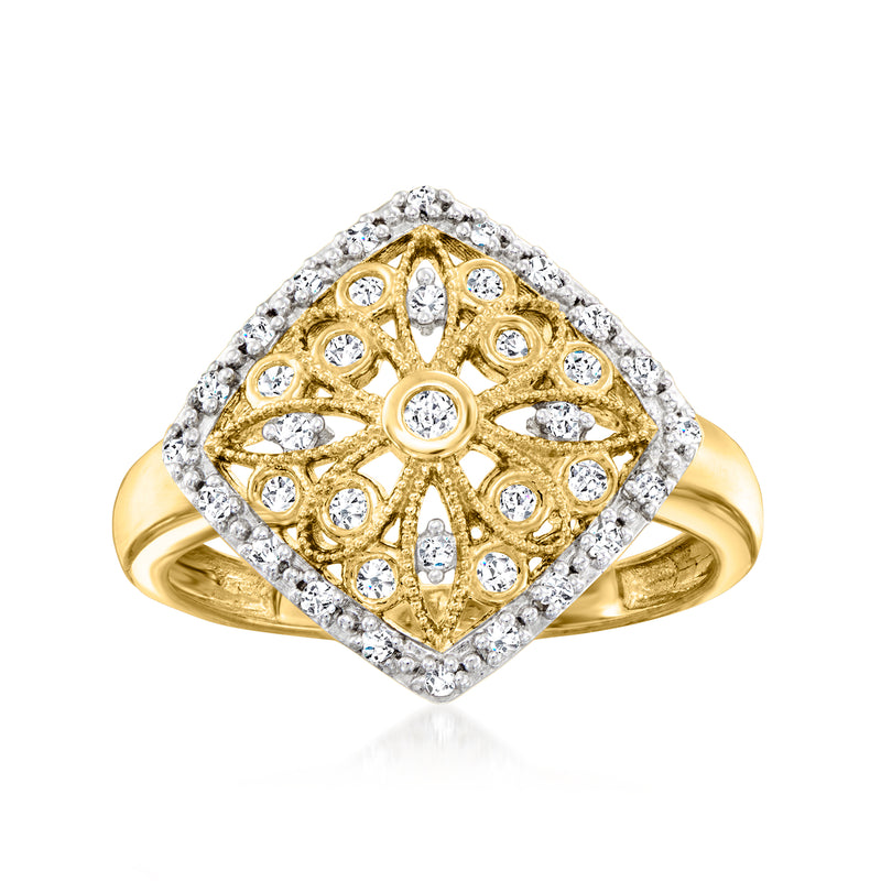 Gold over sterling diamond openwork ring with round stones, square halo design
