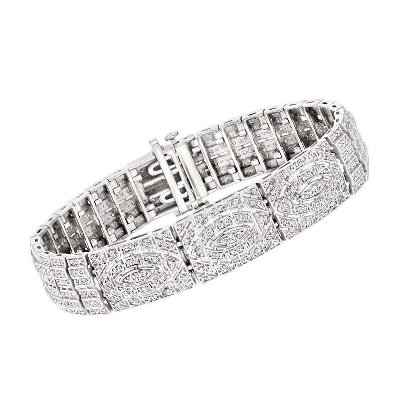 Sterling silver diamond-pattern bracelet with square pave panels and hinged links