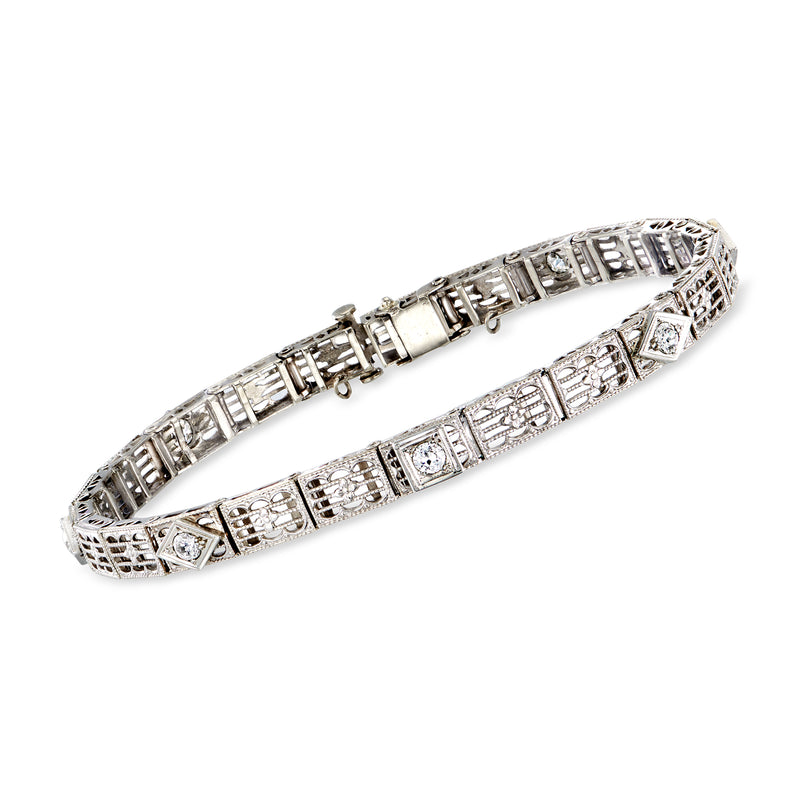 Vintage platinum and 14kt white gold diamond filigree bracelet with rectangular settings