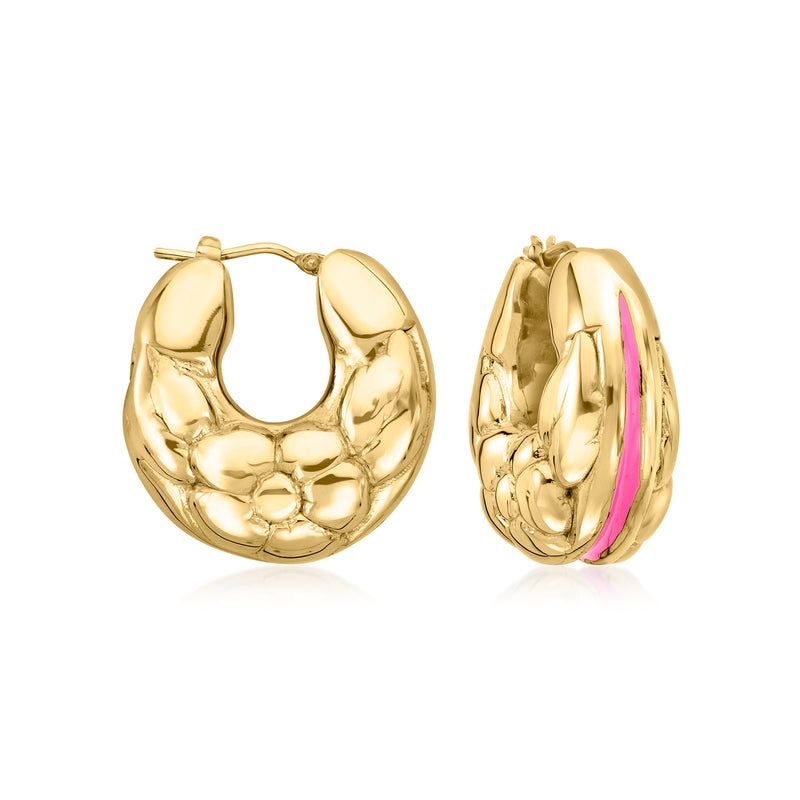 Gold-tone hoop earrings with textured finish and pink enamel accent