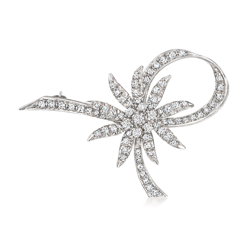 14kt white gold diamond flower pin with prong-set stones and leaf accents