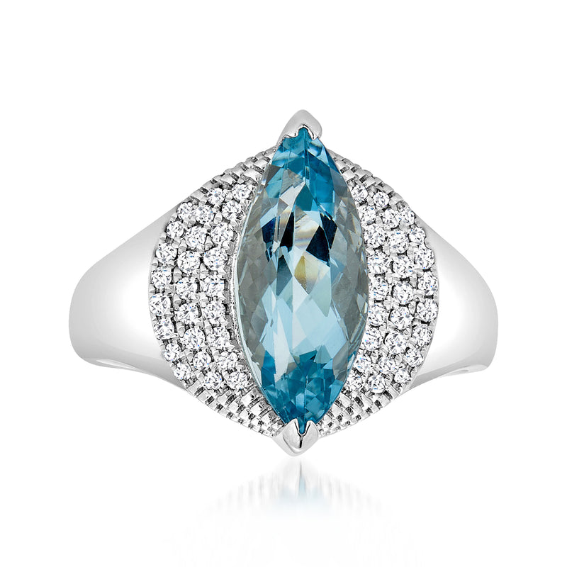 14kt white gold ring with oval aquamarine center and diamond halo cluster