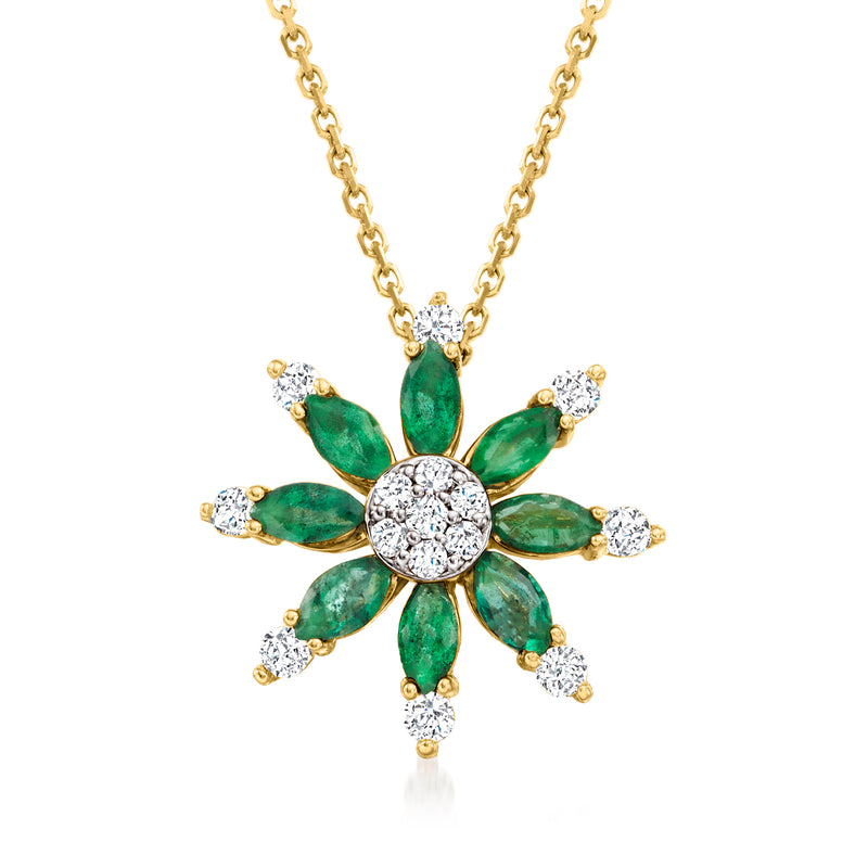 14kt yellow gold necklace with emerald-green flower pendant and diamond accents