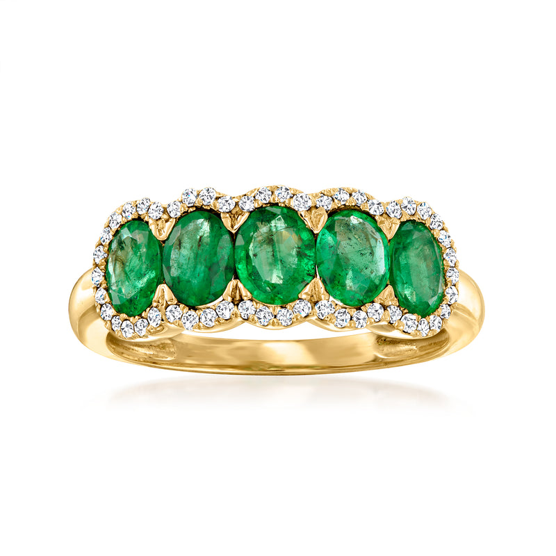 14kt yellow gold ring with emerald-cut green emeralds and white diamond accents