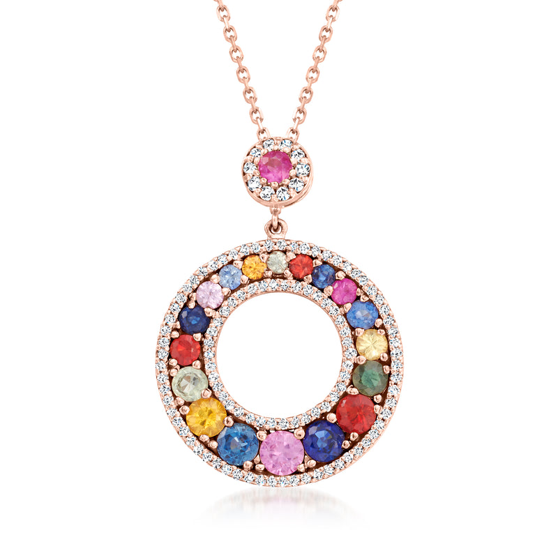 14kt rose gold pendant necklace, multicolored sapphire halo with diamond frame