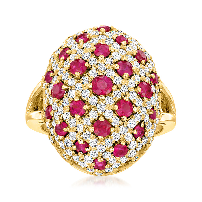 14kt yellow gold dome ring with oval ruby cluster and sparkling diamond accents