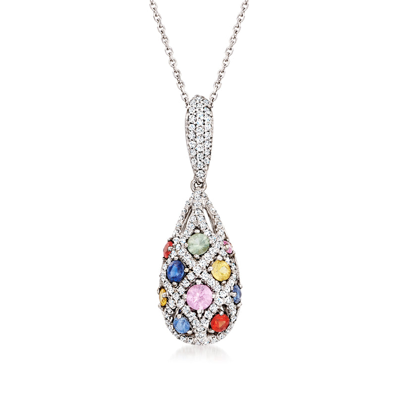 14kt white gold teardrop pendant necklace with multicolored sapphires and diamond accents