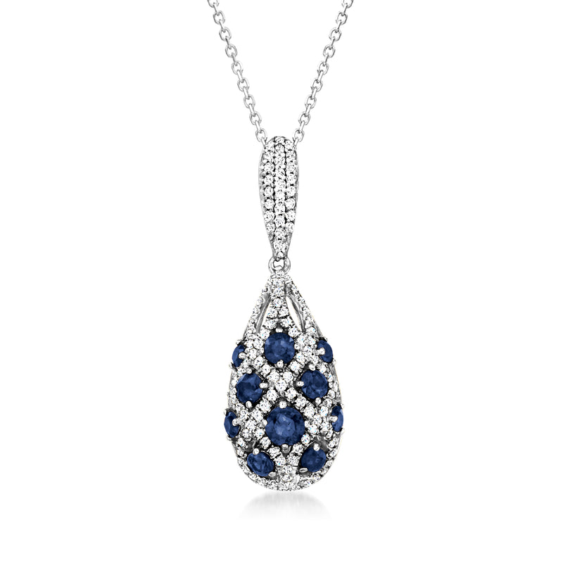 14kt white gold teardrop pendant necklace with blue sapphires and diamond accents
