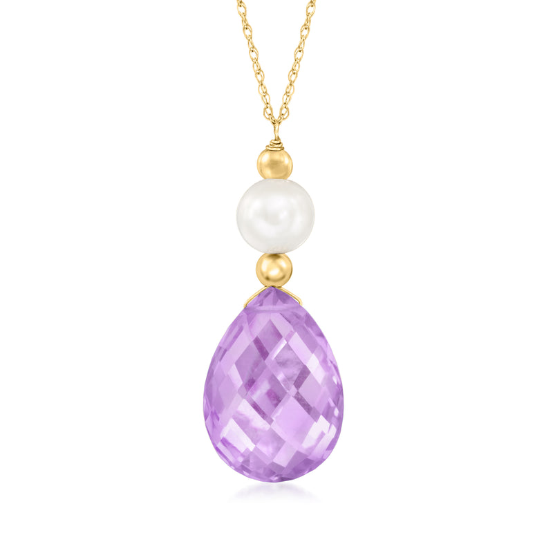 14kt yellow gold necklace with cultured pearl and faceted amethyst teardrop pendant