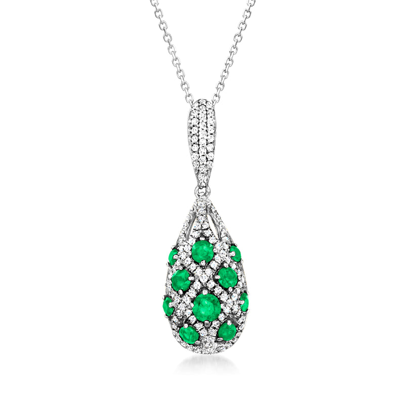 Emerald and diamond teardrop pendant necklace in 14kt white gold