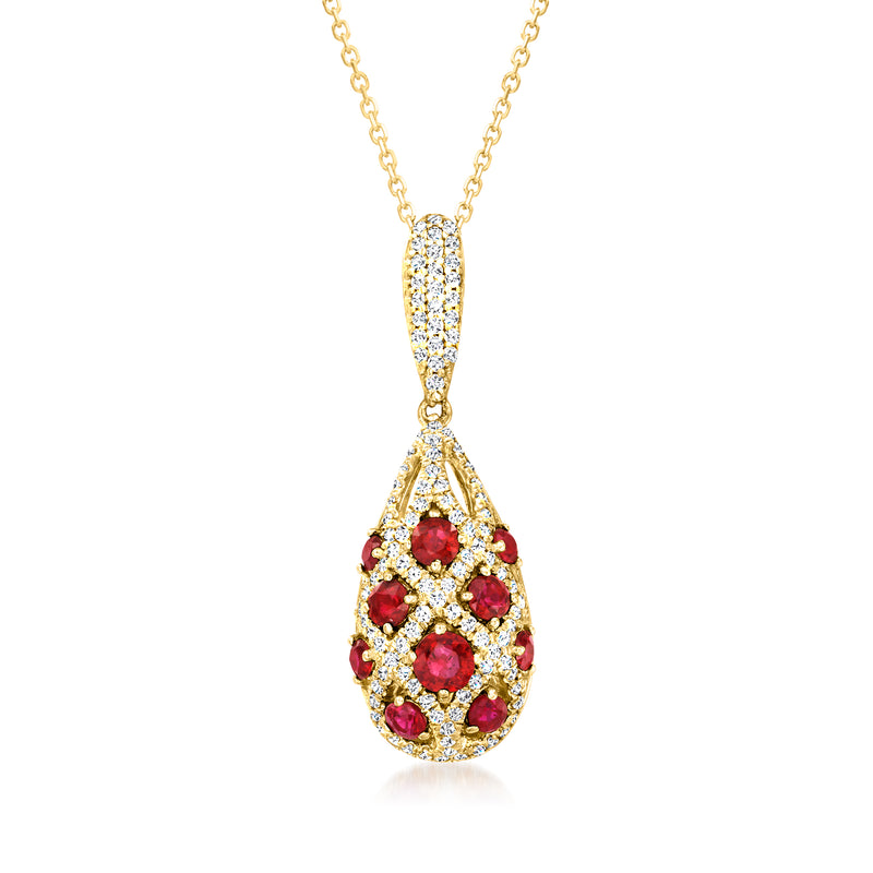 Yellow gold teardrop necklace with ruby and diamond cluster pendant