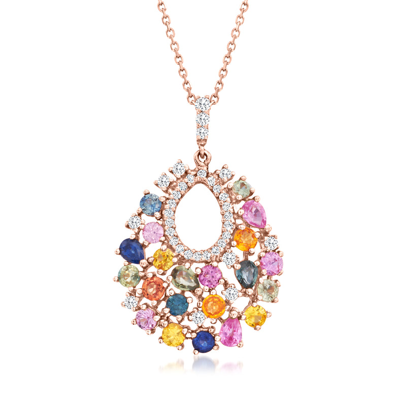 Rose gold pendant necklace with multicolored sapphire cluster and diamond halo