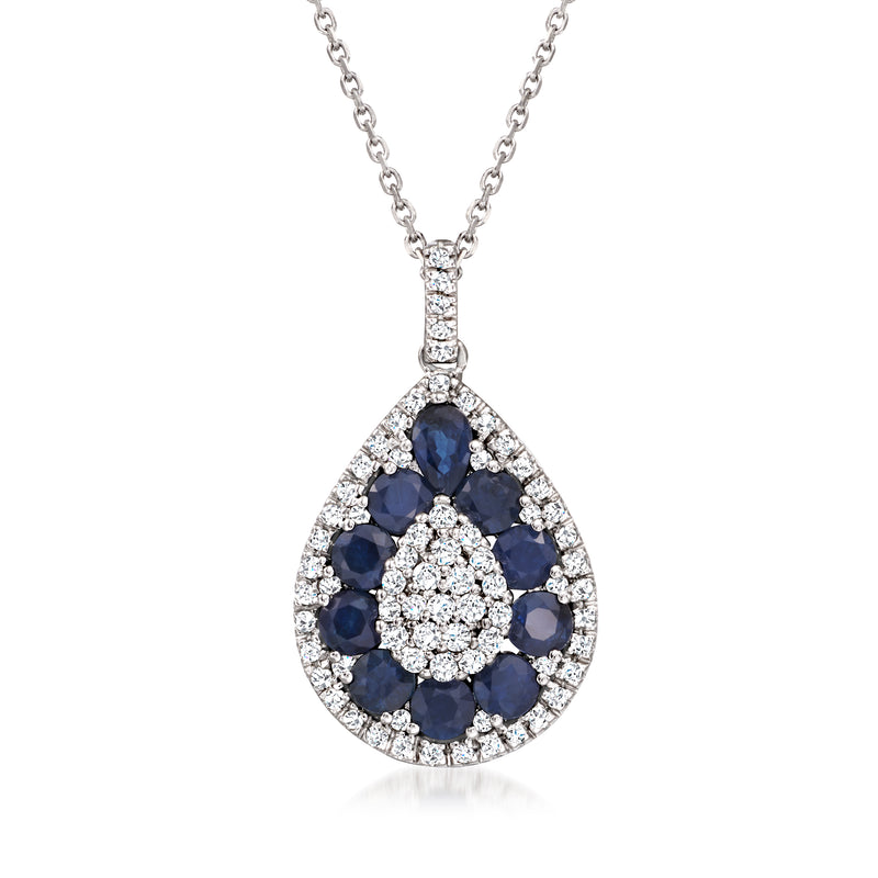 White gold teardrop pendant necklace with sapphire center and diamond halo
