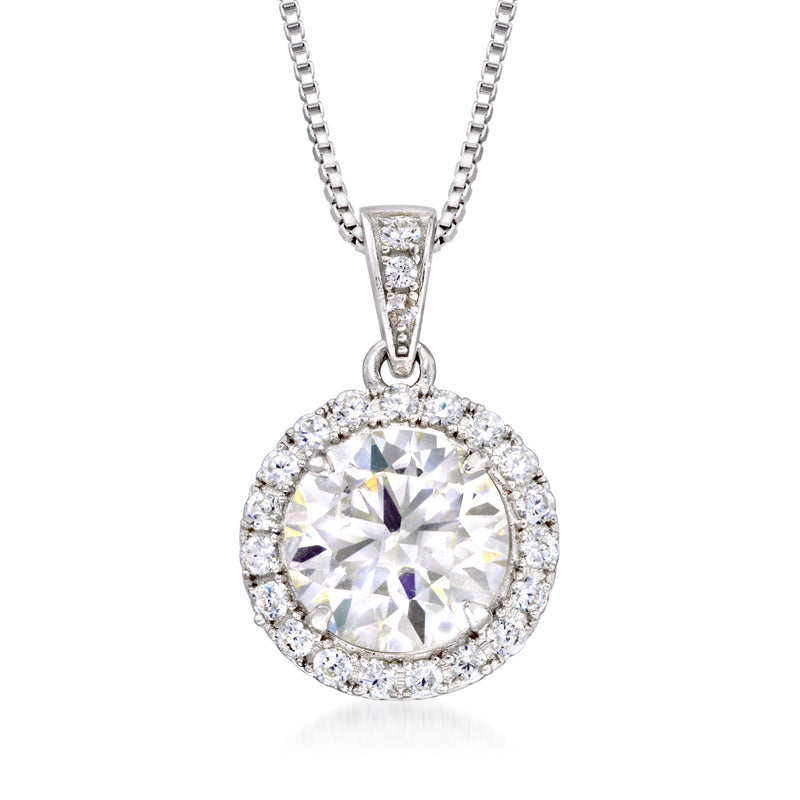 Sterling silver moissanite pendant necklace with round halo pendant and link chain