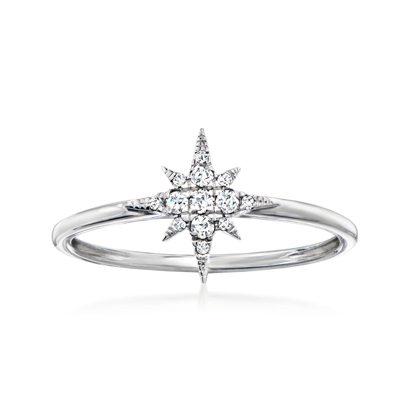 Sterling silver diamond ring with star-shaped center cluster and slim band