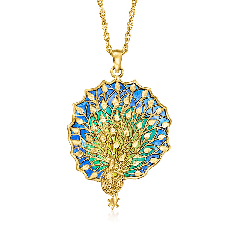 Gold-tone peacock enamel pendant necklace with multicolor fan design