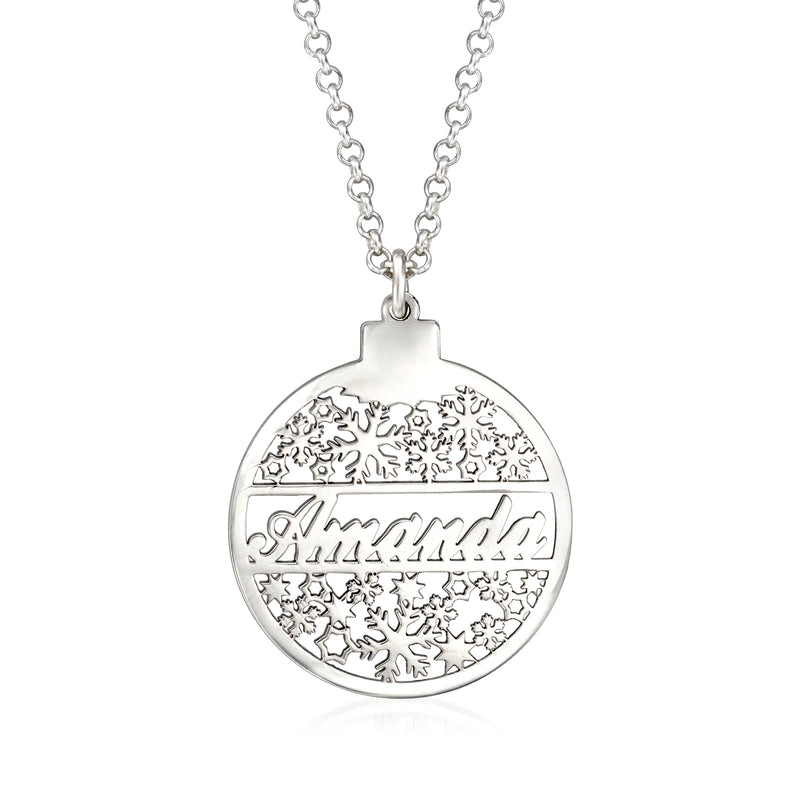 Sterling silver round name pendant necklace, engraved cursive name with decorative border