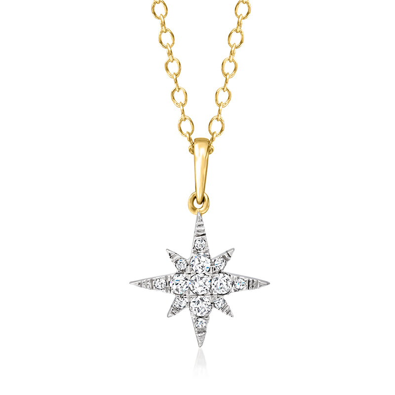 14kt yellow gold diamond star pendant necklace with North Star style centerpiece
