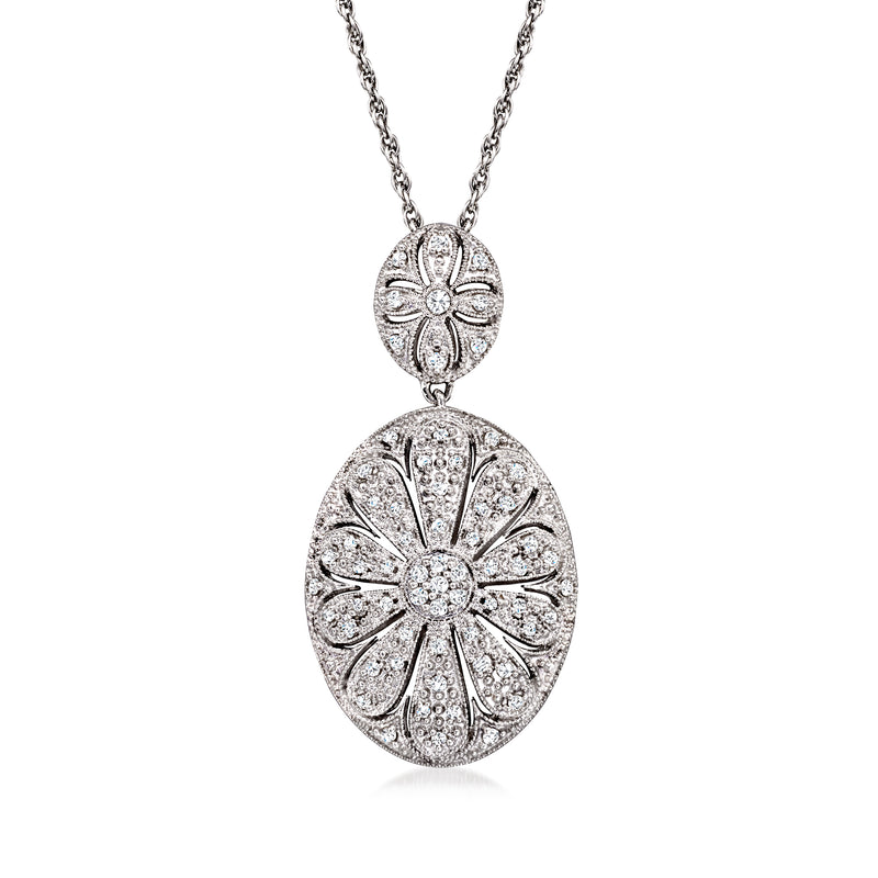 Sterling silver double-oval diamond pendant necklace with linked chain