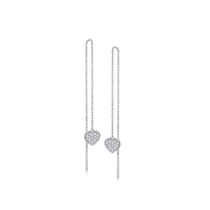 Sterling silver diamond heart threader earrings with dangling heart charms
