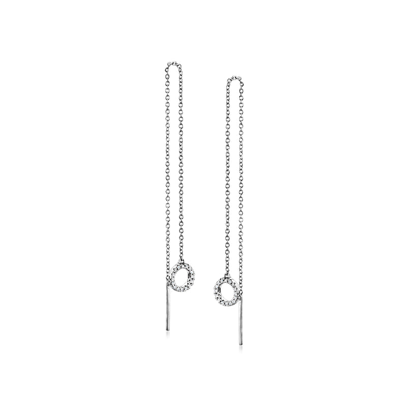 Sterling silver threader earrings with round diamond circle drops and fine chain