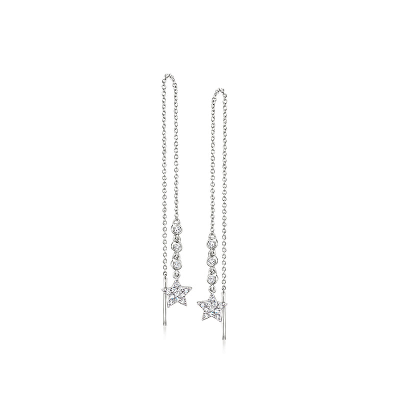 Sterling silver diamond star threader earrings with dangling chain and star charms
