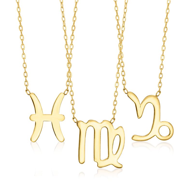 14kt yellow gold zodiac necklace with three polished zodiac sign charms on link chain