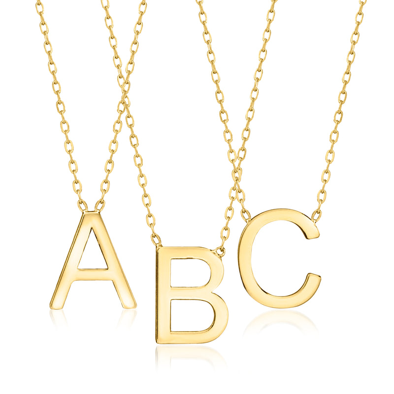 14kt yellow gold initial necklace with letters A, B, and C on linked chain