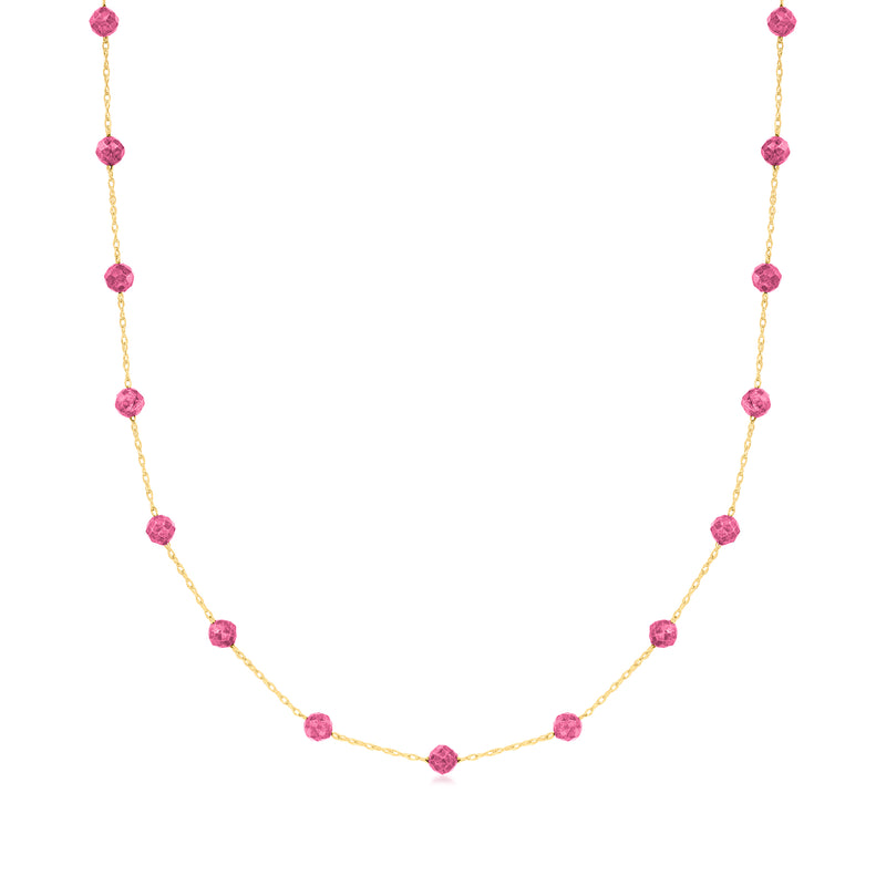 Pink tourmaline bead station necklace in 14kt yellow gold, gold chain with pink round beads