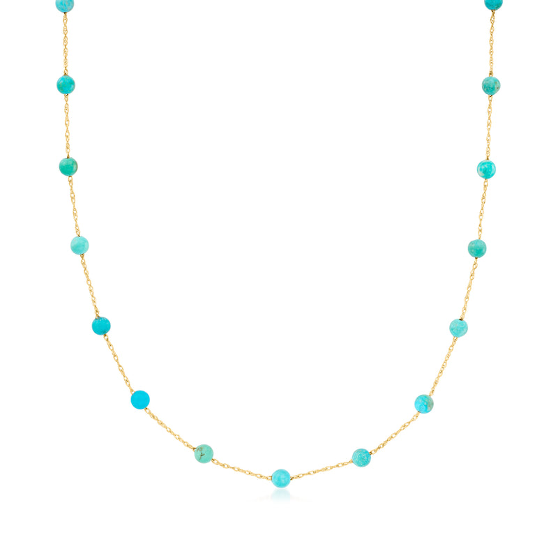 14kt yellow gold turquoise bead station necklace with evenly spaced round beads
