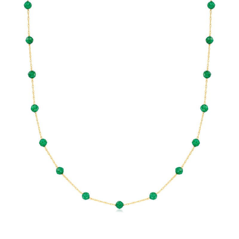 14kt yellow gold bead necklace with green round station beads, full length