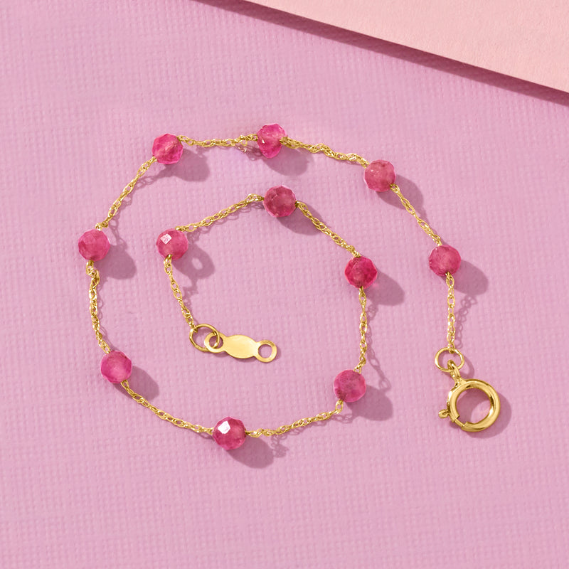 Pink tourmaline bead bracelet in 14kt yellow gold with round link clasp