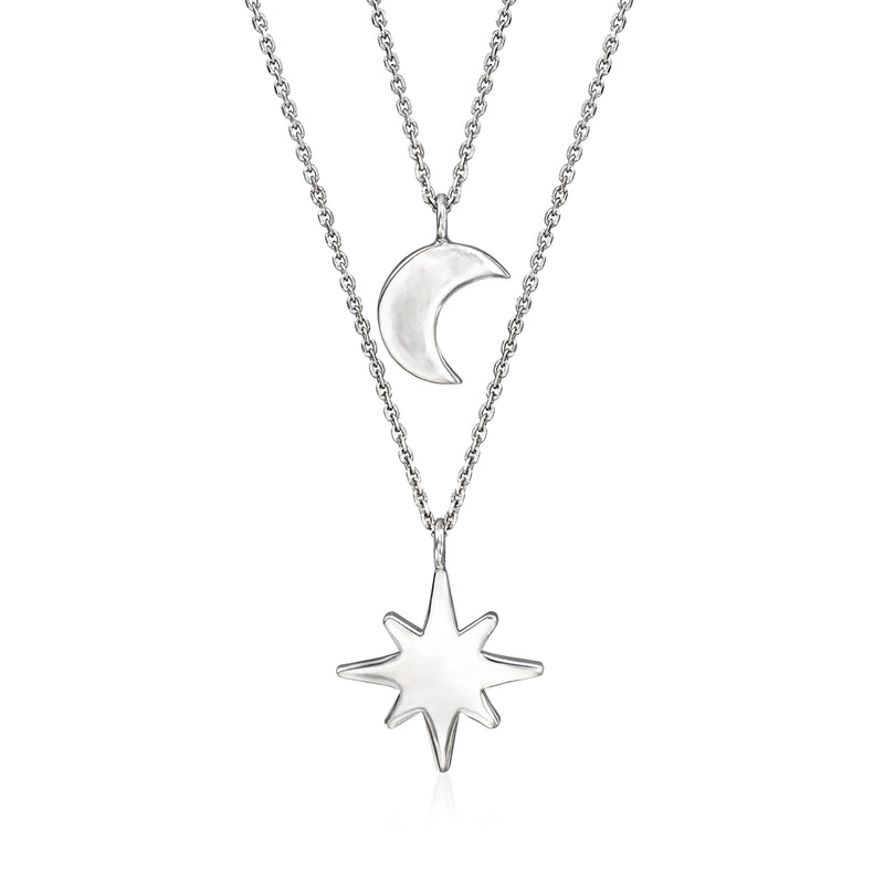 Sterling silver two-strand necklace with crescent moon and star pendants